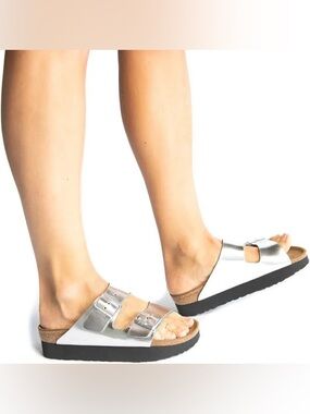 Papillio Arizona Platform By Birkenstock Silver Metallic Double Strap Sandals